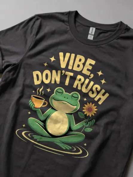 Meditating Frog Coffee T-Shirt – “Vibe Don’t Rush” Retro Cottagecore Style - Image 5