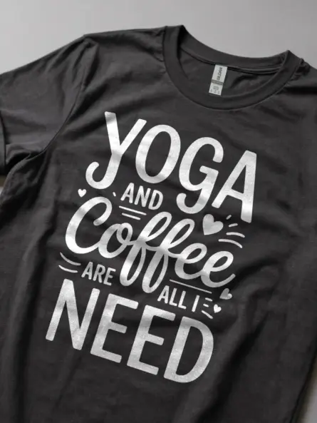 Dark Heather Shirt Lifestyle Shot Yoga and Coffee Are All I Need T-Shirt Yoga Mom Tee