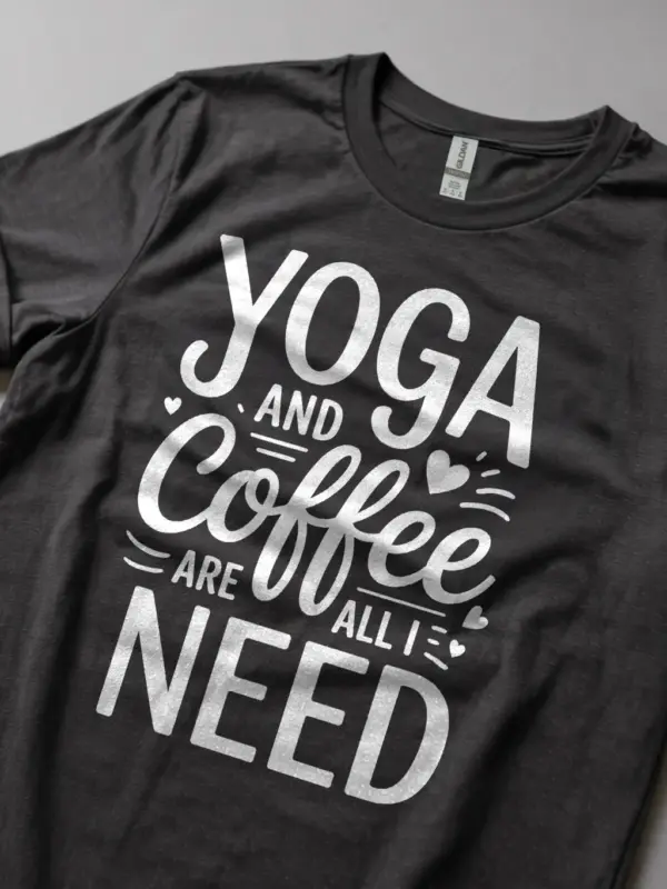 Dark Heather Shirt Lifestyle Shot Yoga and Coffee Are All I Need T-Shirt Yoga Mom Tee