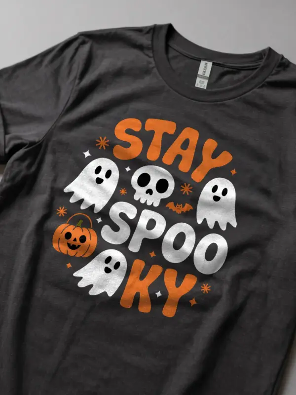 dark heather lifestyle image – fall spooky shirt for adults – stay spooky t-shirt
