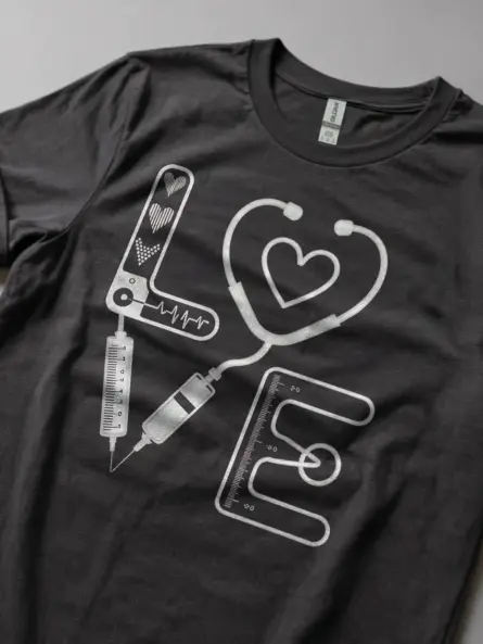 dark heather medical love shirt lifestyle image with scrub pants
