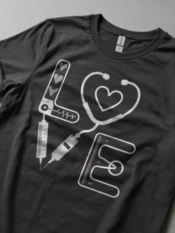dark heather medical love shirt lifestyle image with scrub pants