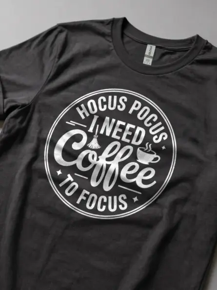 Lifestyle photo Dark Heather hocus pocus to focus coffee tee