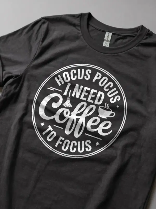 Lifestyle photo Dark Heather hocus pocus to focus coffee tee