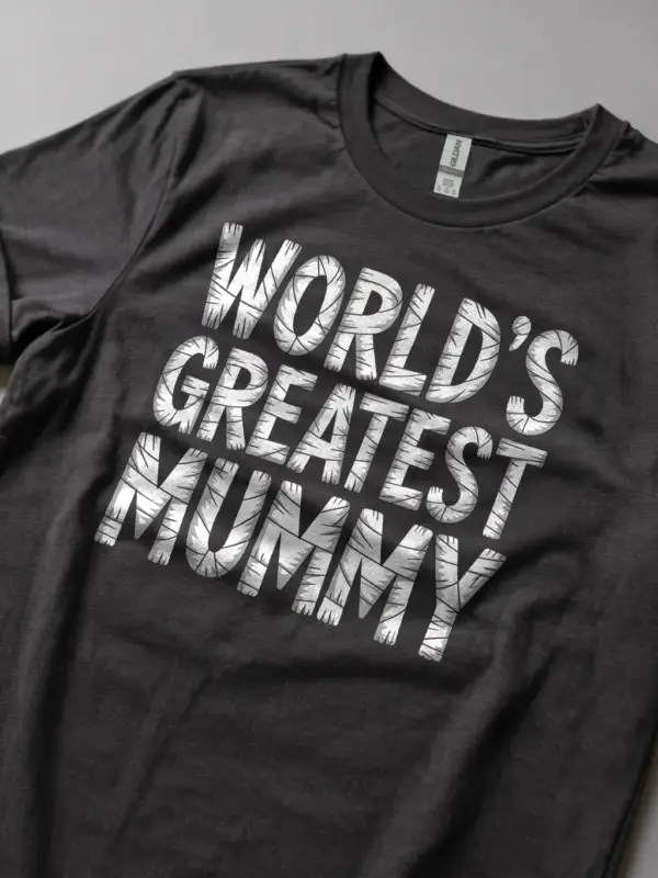 Dark Heather – World’s Greatest Mummy – funny mummy Halloween mom t-shirt