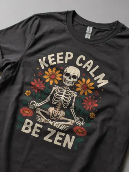 Lifestyle View in Dark Heather – zen skeleton t-shirt