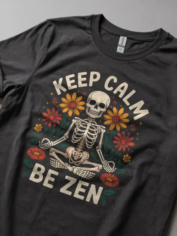 Lifestyle View in Dark Heather – zen skeleton t-shirt