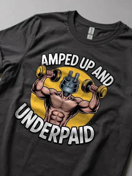 Dark Heather Amped Up and Underpaid Shirt Lifestyle – electrician humor apparel