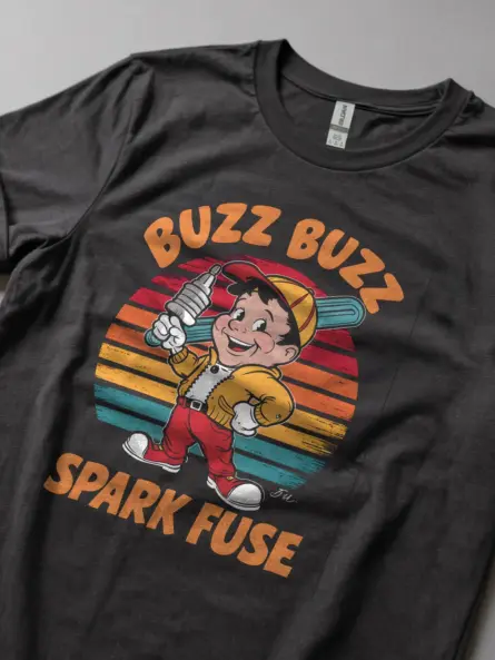 Dark Heather Buzz Buzz Spark Fuse Shirt Lifestyle – 1950s style electrician mascot shirt