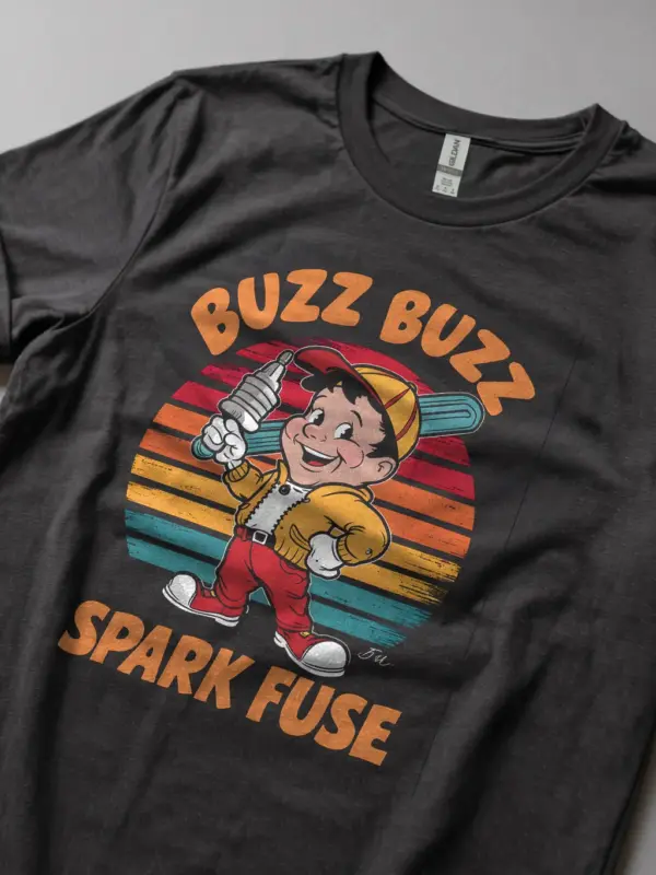 Dark Heather Buzz Buzz Spark Fuse Shirt Lifestyle – 1950s style electrician mascot shirt