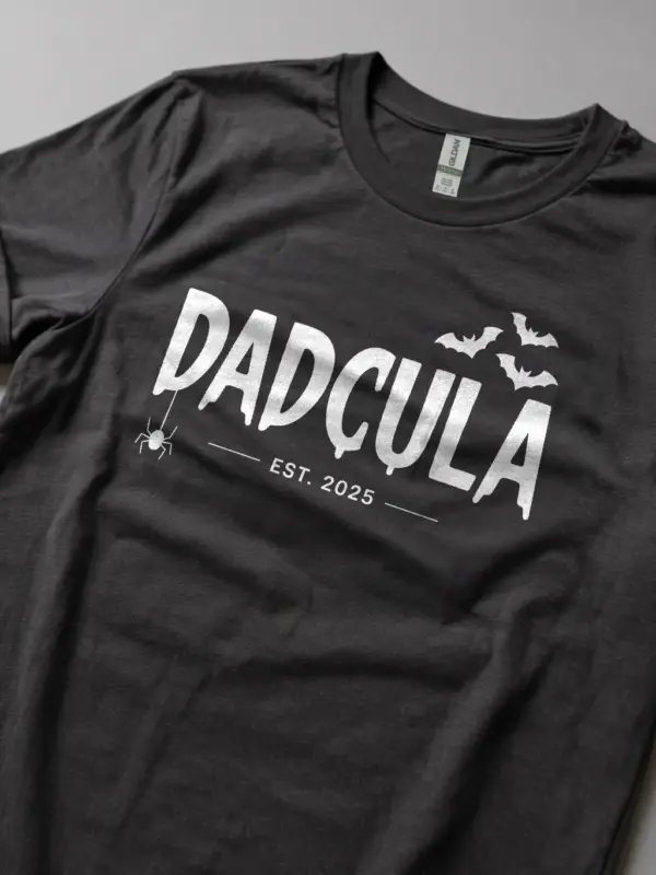 Casual photo in dark heather dadcula halloween shirt for dad and baby