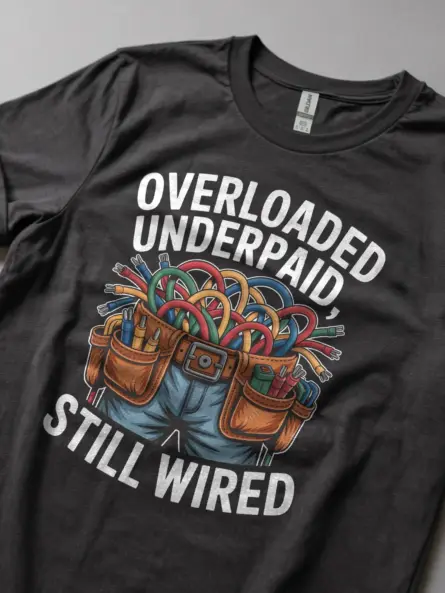Funny Electrician T-Shirt Overloaded Underpaid Still Wired - Image 6