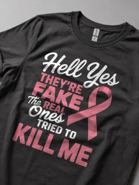 Dark Heather Lifestyle – Hell Yes They’re Fake – funny mastectomy shirt
