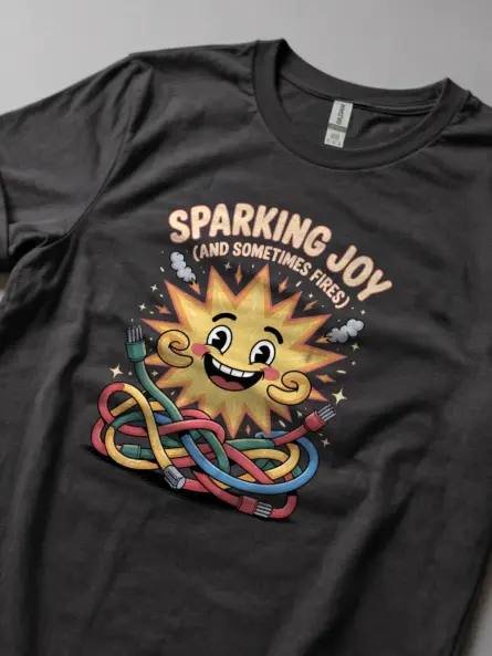 Funny Tech Dad T-Shirt – Sparking Joy (And Sometimes Fires) Cartoon Electrical Humor Tee - Image 6