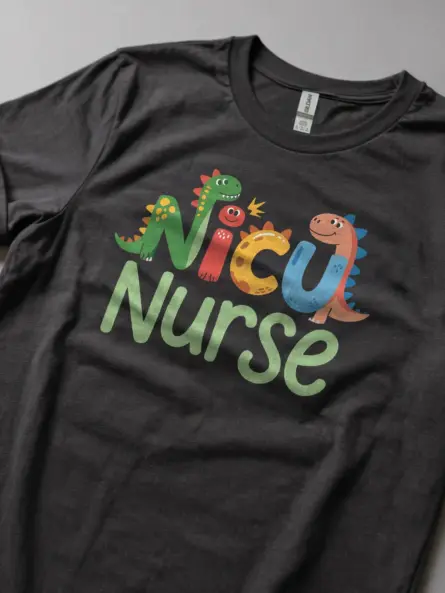 Dark Heather NICU nurse dinosaur t-shirt front view – NICU nurse dinosaur t-shirt