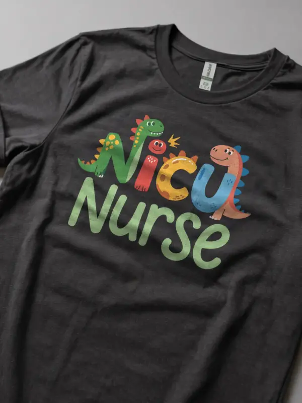 Dark Heather NICU nurse dinosaur t-shirt front view – NICU nurse dinosaur t-shirt