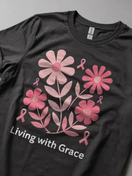 Elegant Living with Grace Breast Cancer Shirt – Floral Pink Ribbon Tee - Image 6