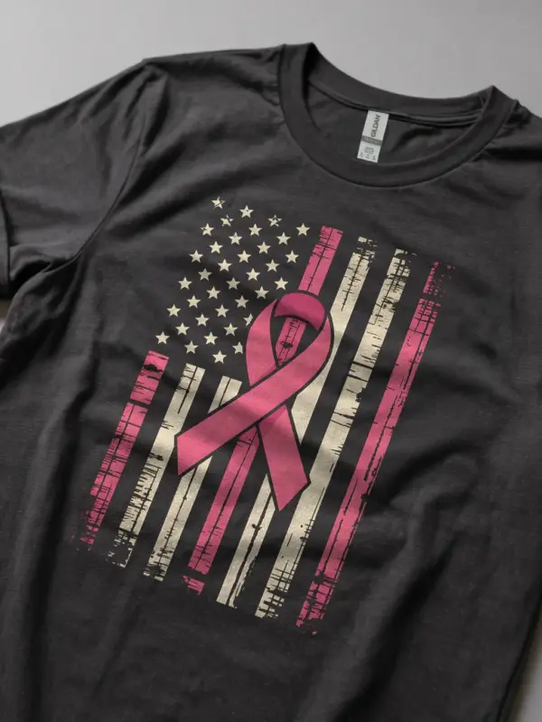 Dark Heather lifestyle – Grunge style pink ribbon American flag shirt