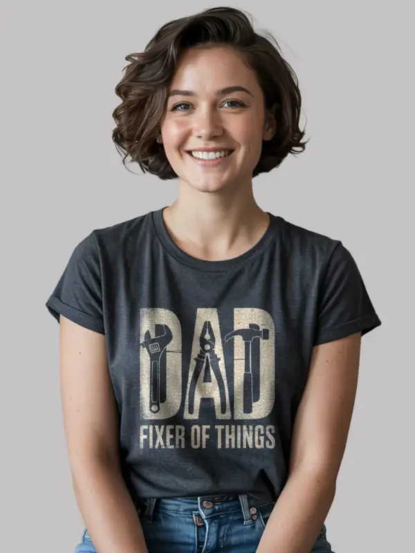 Dark Heather “Dad Fixer of Things” Funny Dad Fixer T-Shirt Front View
