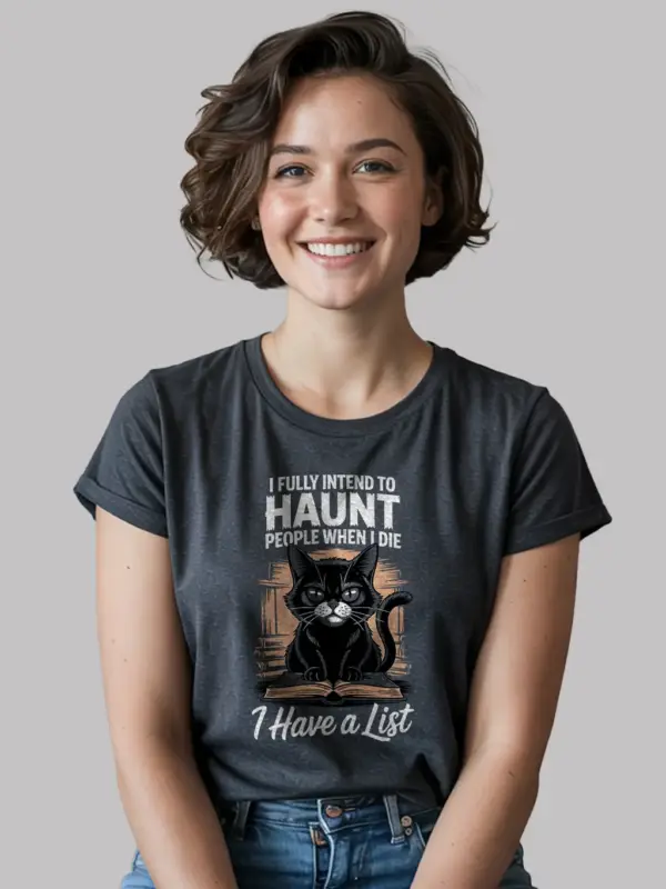 Dark Heather Shirt with haunting cat, funny haunted cat t-shirt, front view