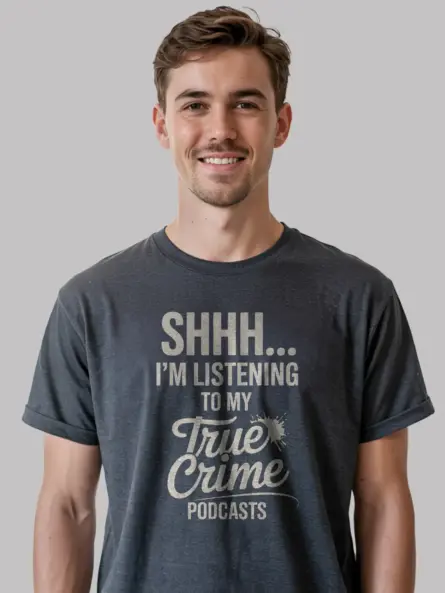 Dark Heather Shirt Lifestyle Shot - Murderino Gift Shirt - true crime podcast t-shirt