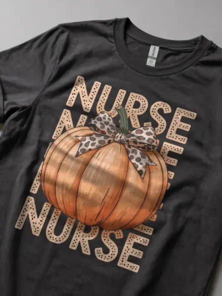Pumpkin Nurse Shirt – Trendy Fall Tee with Leopard Bow Design - Image 5