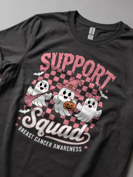 Support Squad Breast Cancer Shirt – Cute Halloween Awareness Tee - Image 5