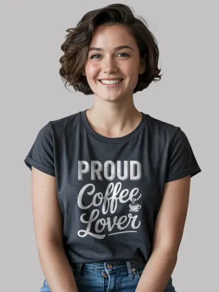 Coffee fan wearing dark heather proud coffee lover tee