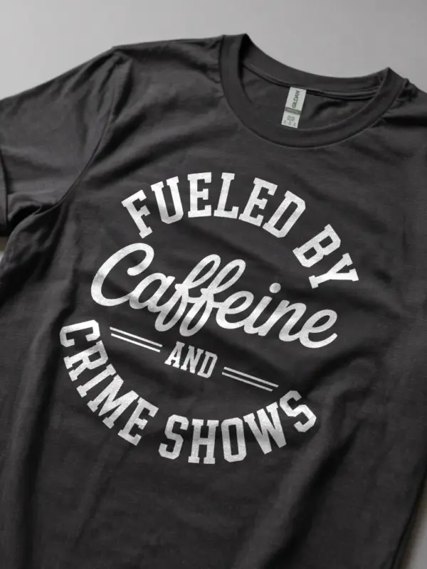 dark heather Lifestyle shot of dark heather funny crime binge watching tee