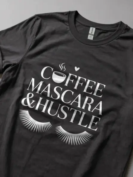 Lifestyle view dark heather makeup and coffee lover t-shirt