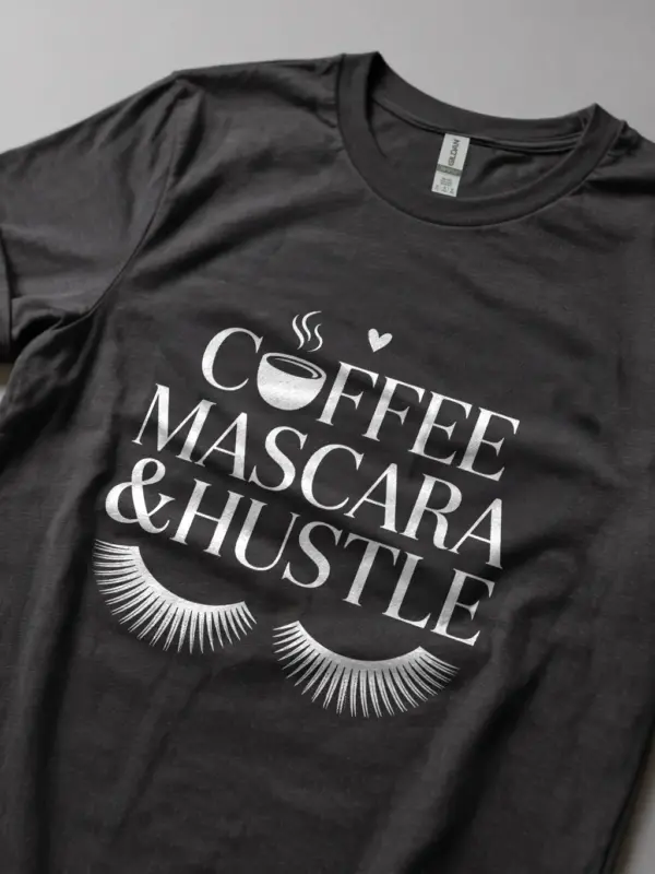 Lifestyle view dark heather makeup and coffee lover t-shirt