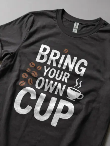 dark heather bring your own cup t-shirt for caffeine fans