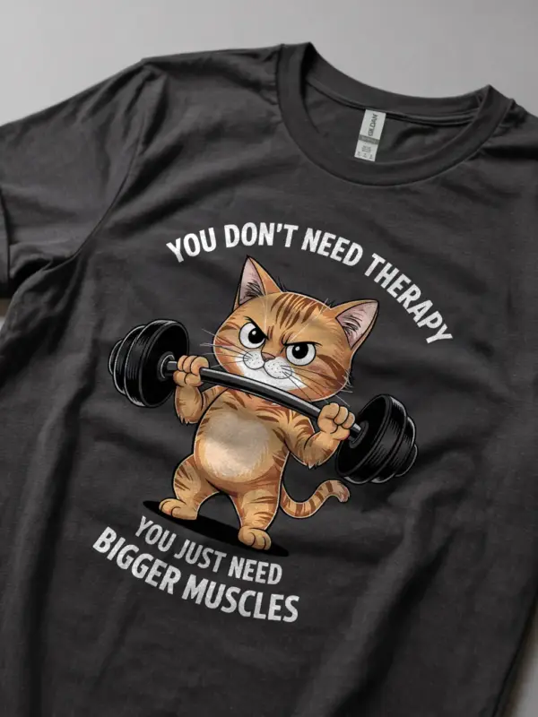 Lifestyle photo of dark heather shirt worn casually, funny cat gym t-shirt