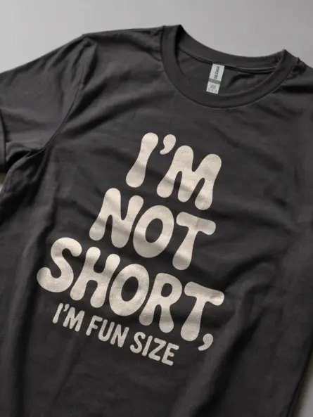 Dark Heather Shirt with cute text, fun size t-shirt for short women, lifestyle view