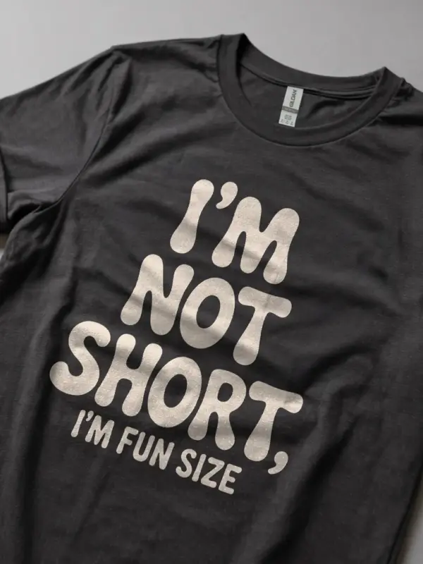 Dark Heather Shirt with cute text, fun size t-shirt for short women, lifestyle view