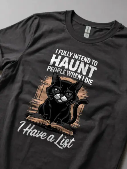 Dark Heather Shirt spooky cat graphic, funny haunted cat t-shirt,