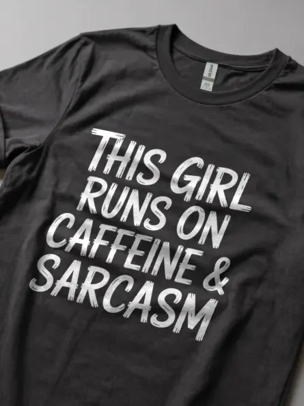 Dark Heather Shirt This Girl Runs on Caffeine & Sarcasm caffeine and sarcasm t-shirt for women lifestyle shot