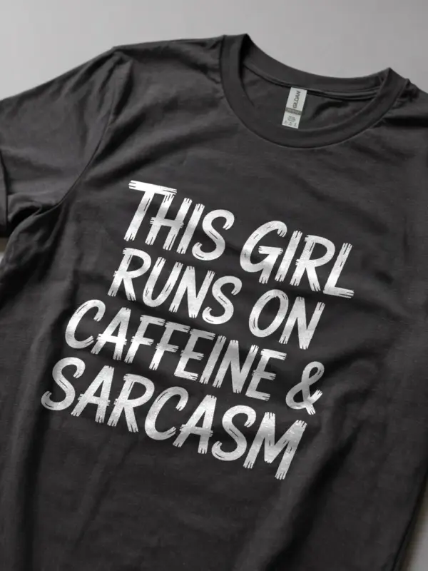 Dark Heather Shirt This Girl Runs on Caffeine & Sarcasm caffeine and sarcasm t-shirt for women lifestyle shot