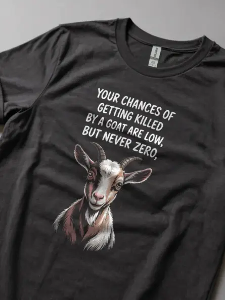 Dark Heather lifestyle shot – funny goat meme t-shirt in animal meme setting