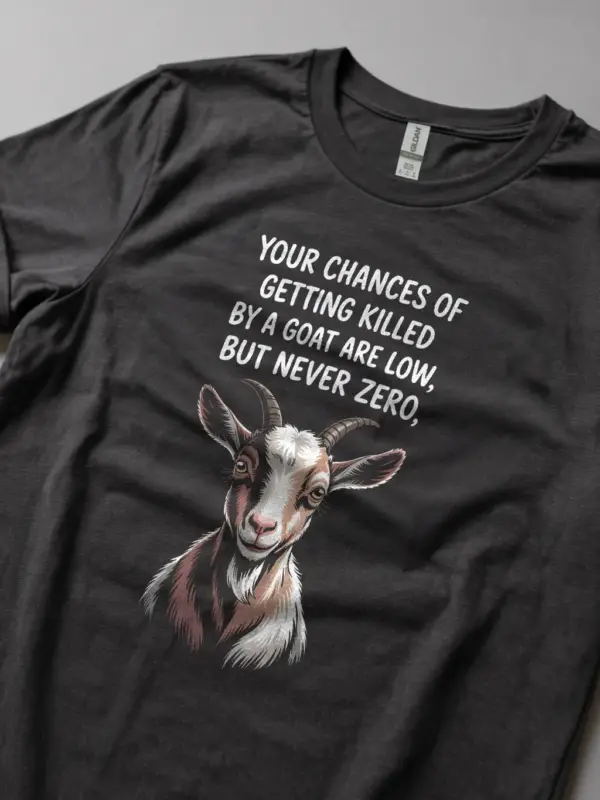 Dark Heather lifestyle shot – funny goat meme t-shirt in animal meme setting
