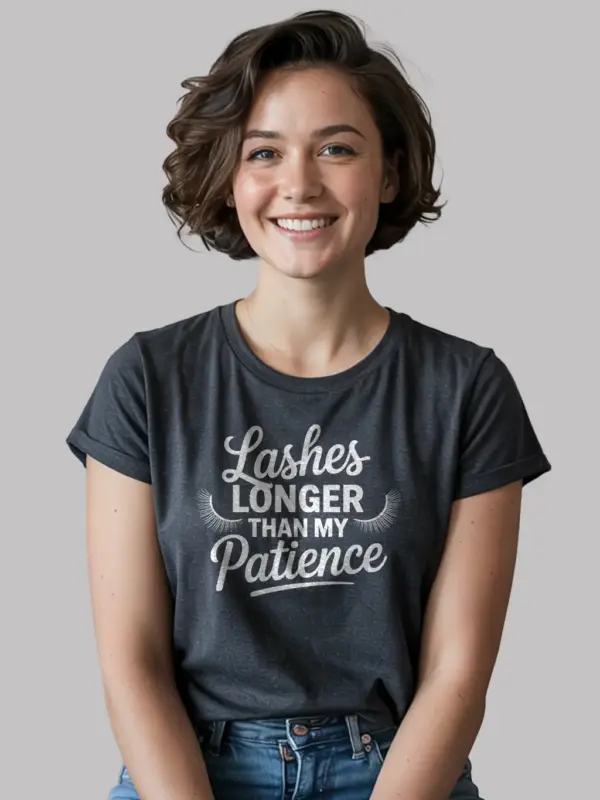 Dark Heather Shirt Lashes Longer Than My Patience Funny Lash Tech Shirt Lifestyle Shot
