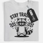 Front view grey flatlay Stay Trashy Raccoon Shirt stay trashy raccoon shirt