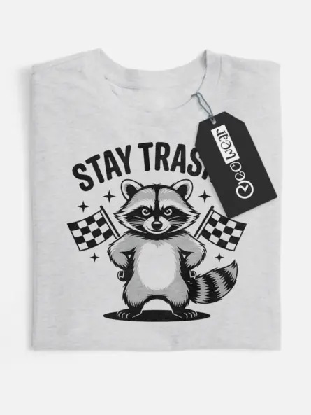 Front view grey flatlay Stay Trashy Raccoon Shirt stay trashy raccoon shirt