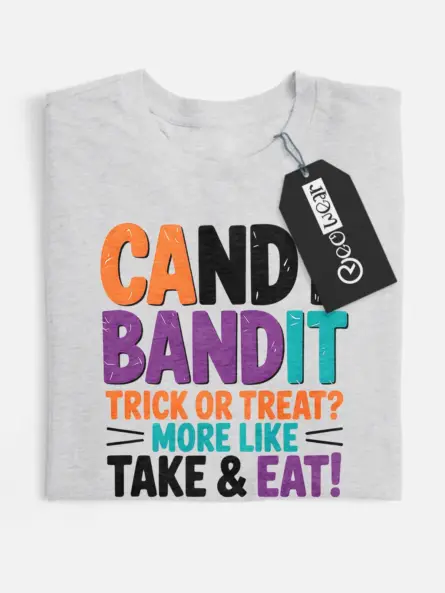 Shirt Front View – grey flatlay Candy Bandit – candy bandit kids Halloween t-shirt