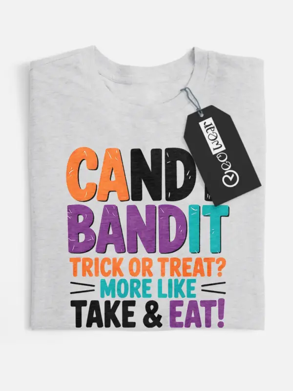 Shirt Front View – grey flatlay Candy Bandit – candy bandit kids Halloween t-shirt