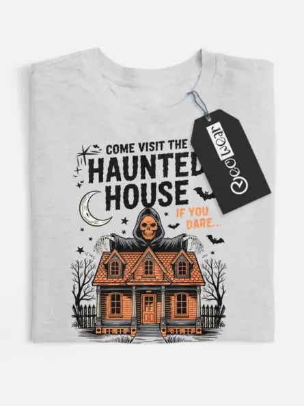 Gray front view – haunted house tee with vintage design on gray shirt