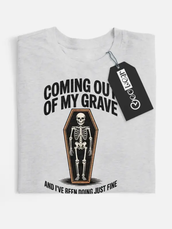 grey flatlay Shirt Front View – Coming Out of My Grave – funny skeleton coffin t-shirt