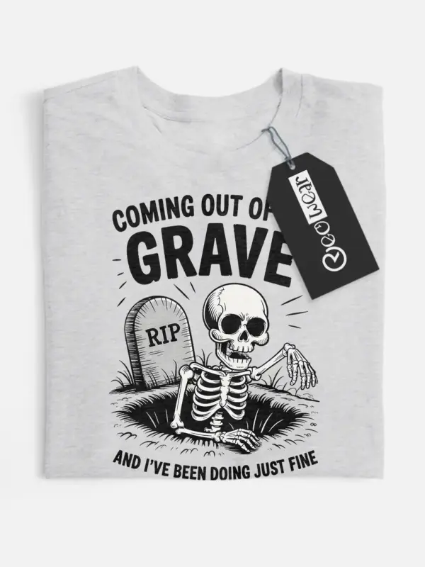gray front view – Coming Out of Grave funny skeleton grave t-shirt