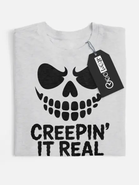 Front view grey flatlay Creepin It Real Halloween T-Shirt skull design