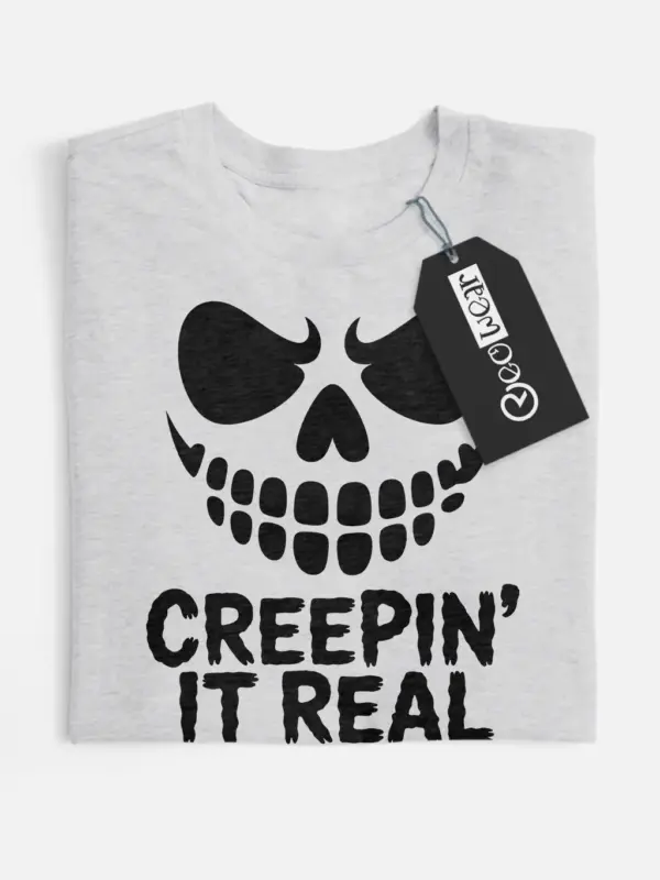 Front view grey flatlay Creepin It Real Halloween T-Shirt skull design